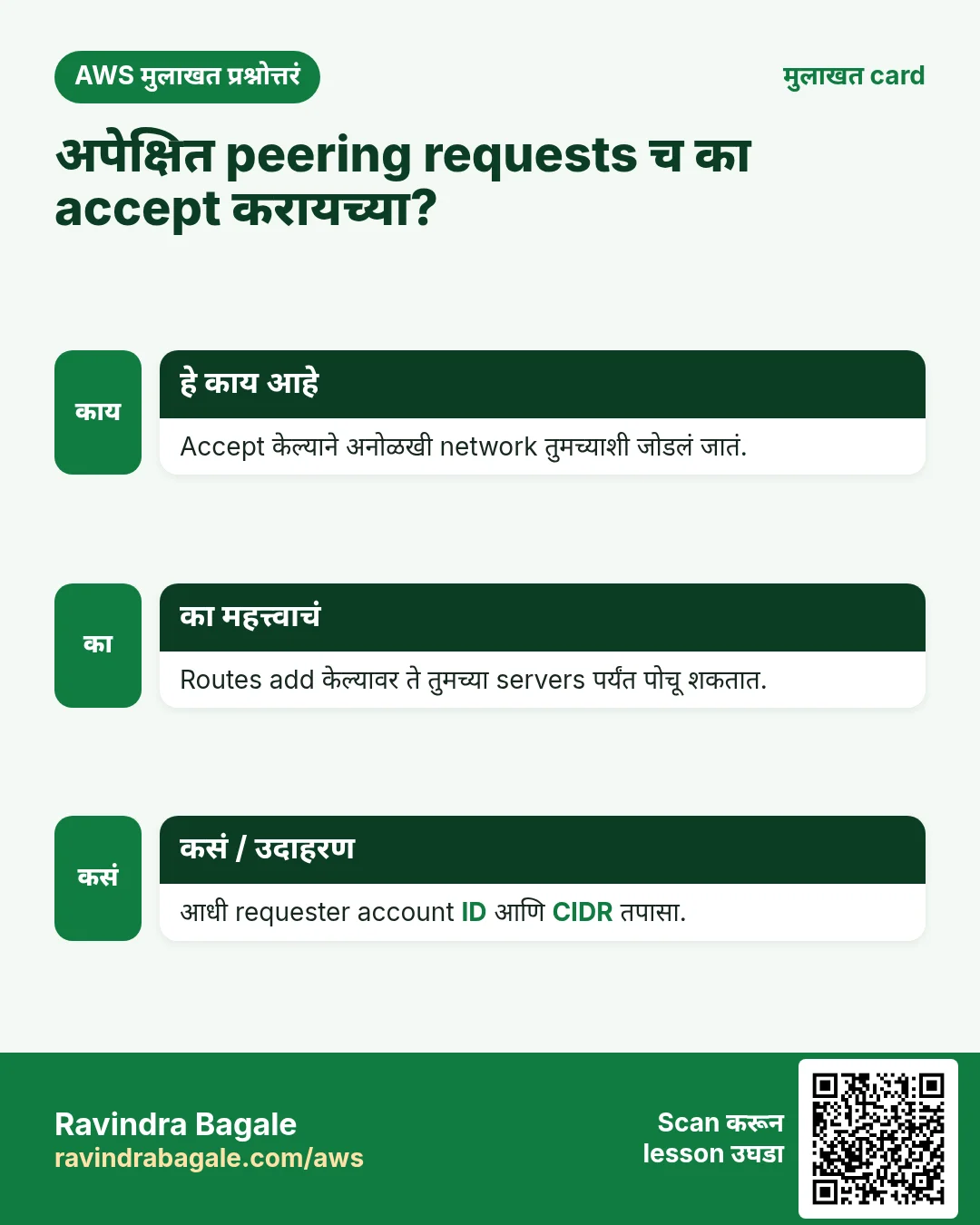 मुलाखत card: अपेक्षित peering requests च का accept करायच्या?. Accept केल्याने अनोळखी network तुमच्याशी जोडलं जातं. Routes add केल्यावर ते तुमच्या servers पर्यंत पोचू शकतात. आधी requester account ID आणि CIDR तपासा.