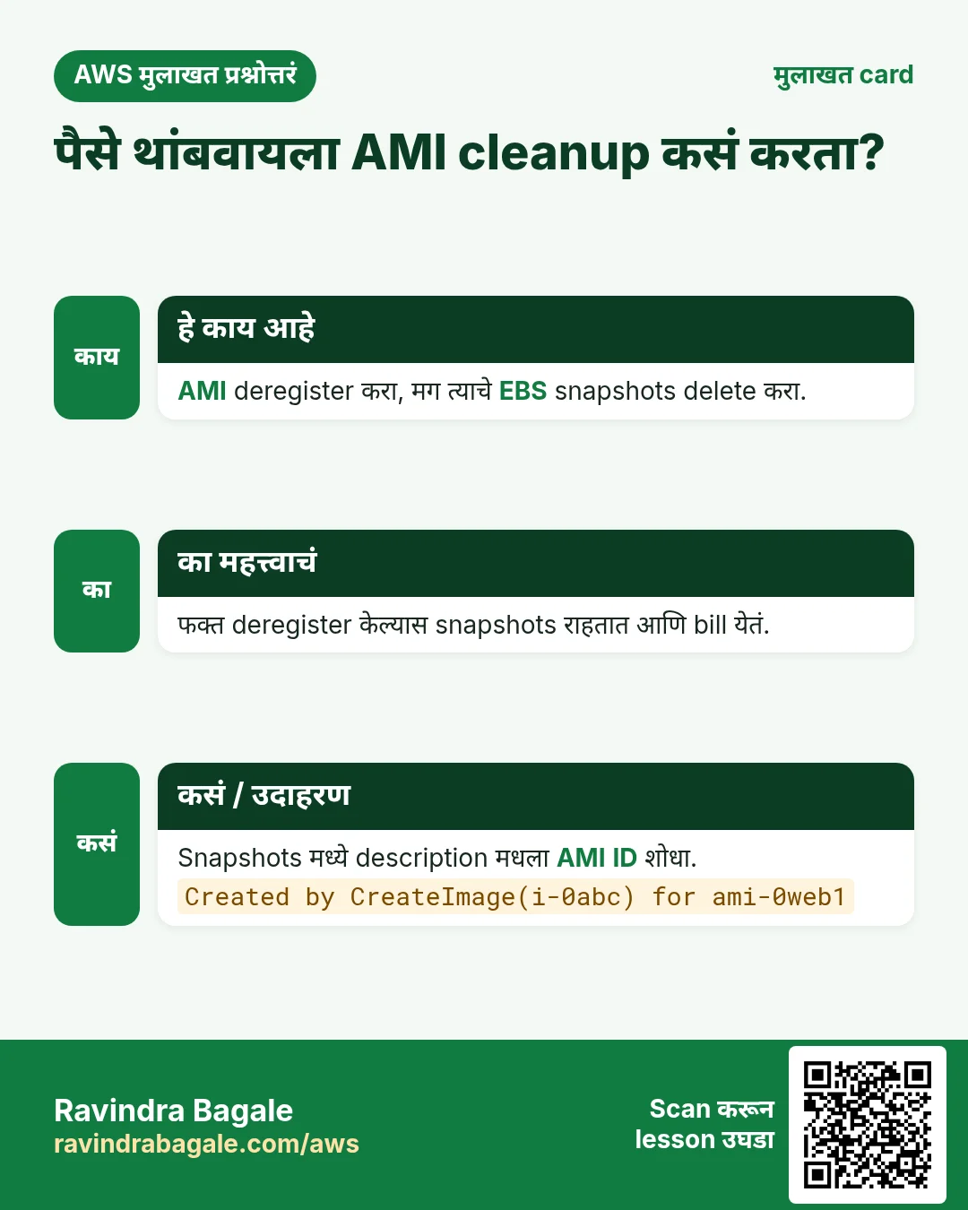 मुलाखत card: पैसे थांबवायला AMI cleanup कसं करता?. AMI deregister करा, मग त्याचे EBS snapshots delete करा. फक्त deregister केल्यास snapshots राहतात आणि bill येतं. Snapshots मध्ये description मधला AMI ID शोधा.