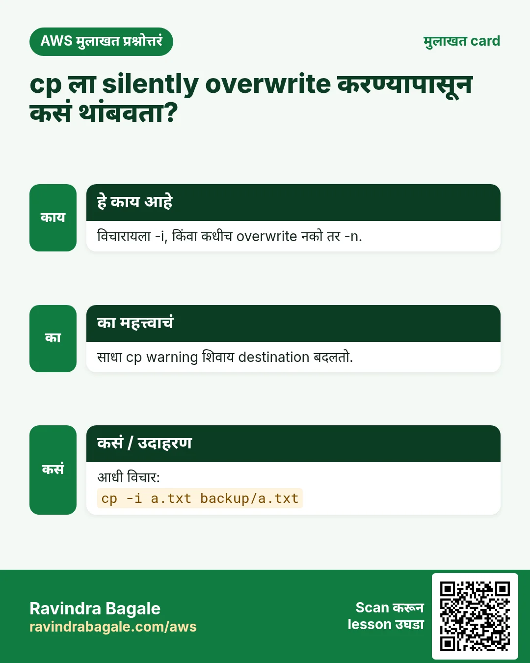 मुलाखत card: cp ला silently overwrite करण्यापासून कसं थांबवता?. विचारायला -i, किंवा कधीच overwrite नको तर -n. साधा cp warning शिवाय destination बदलतो. आधी विचार: