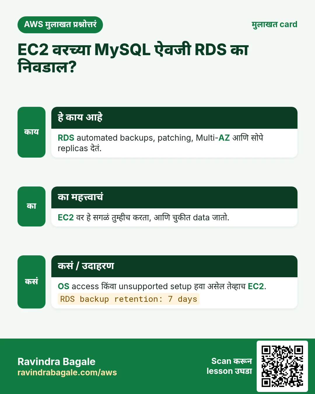 मुलाखत card: EC2 वरच्या MySQL ऐवजी RDS का निवडाल?. RDS automated backups, patching, Multi-AZ आणि सोपे replicas देतं. EC2 वर हे सगळं तुम्हीच करता, आणि चुकीत data जातो. OS access किंवा unsupported setup हवा असेल तेव्हाच EC2.
