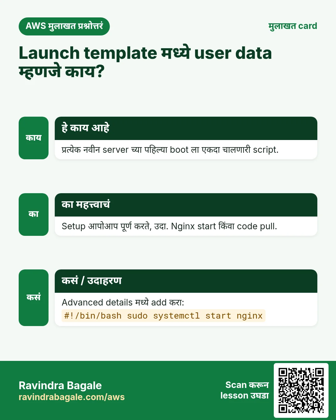मुलाखत card: Launch template मध्ये user data म्हणजे काय?. प्रत्येक नवीन server च्या पहिल्या boot ला एकदा चालणारी script. Setup आपोआप पूर्ण करते, उदा. Nginx start किंवा code pull. Advanced details मध्ये add करा: