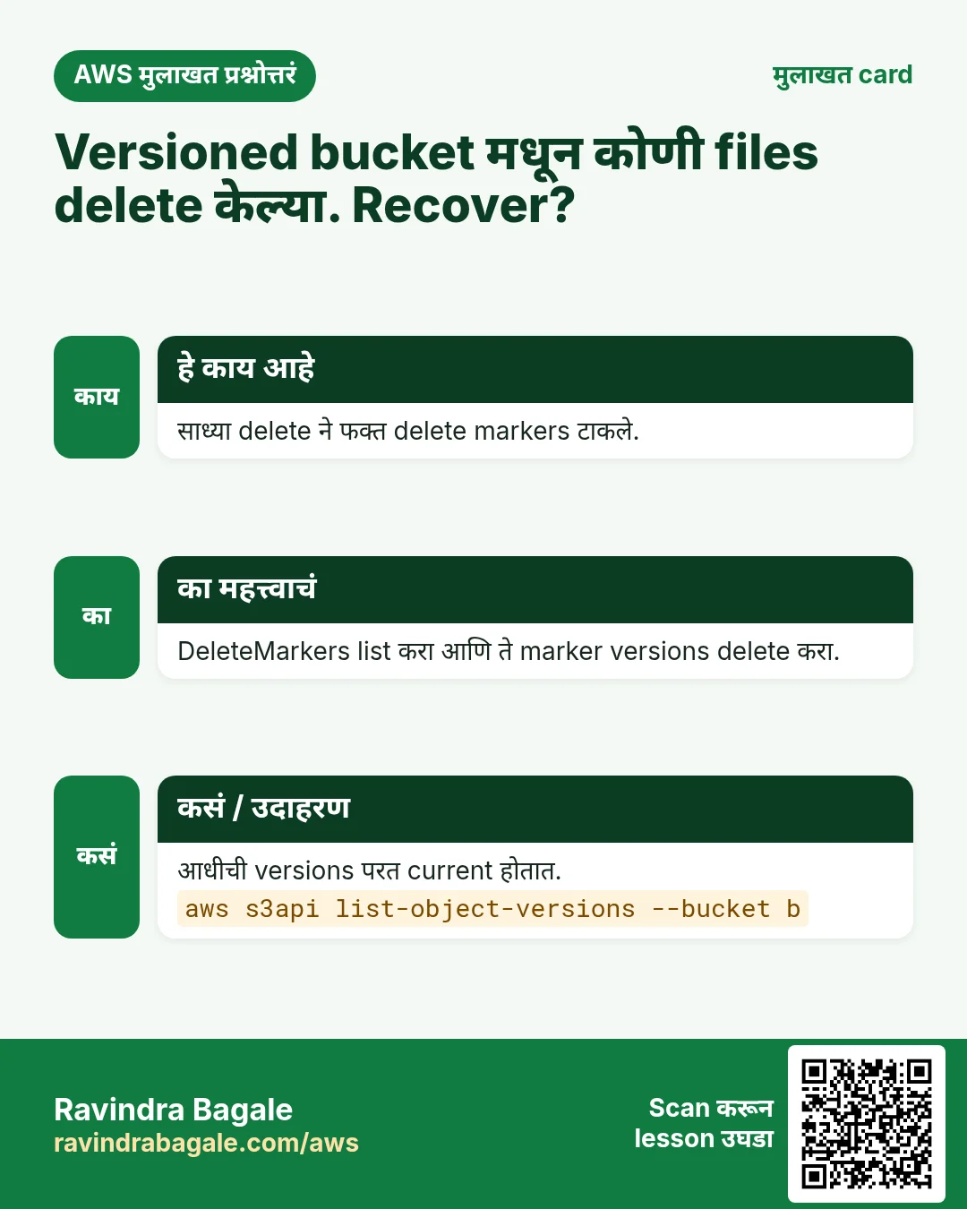 मुलाखत card: Versioned bucket मधून कोणी files delete केल्या. Recover?. साध्या delete ने फक्त delete markers टाकले. DeleteMarkers list करा आणि ते marker versions delete करा. आधीची versions परत current होतात.