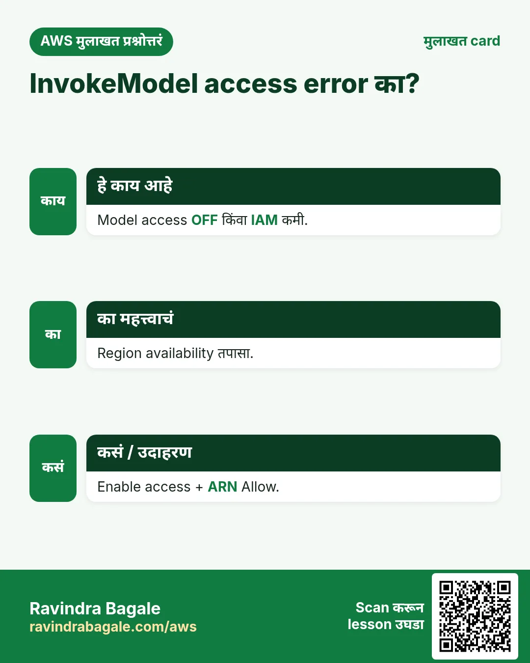 मुलाखत card: InvokeModel access error का?. Model access OFF किंवा IAM कमी. Region availability तपासा. Enable access + ARN Allow.