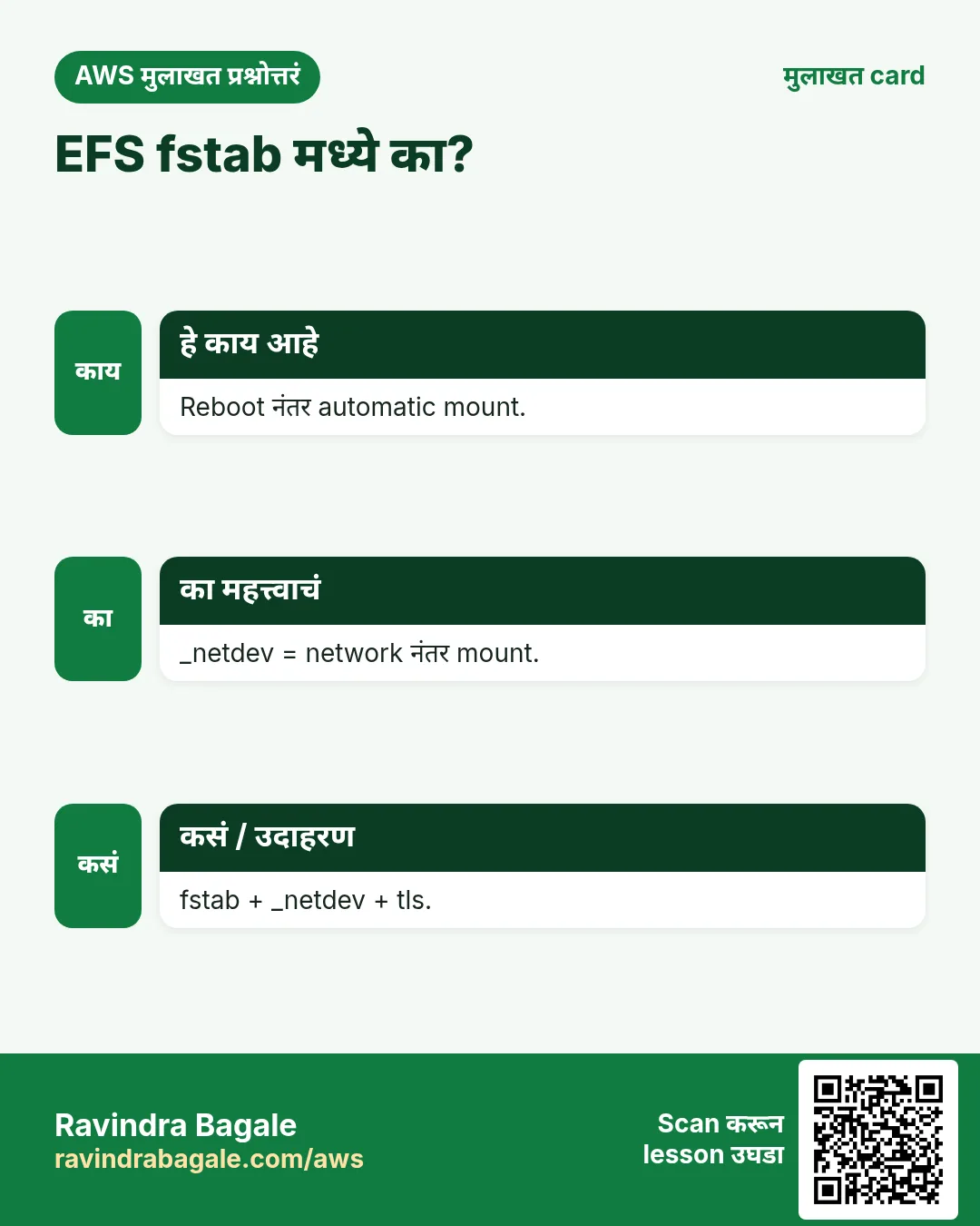 मुलाखत card: EFS fstab मध्ये का?. Reboot नंतर automatic mount. _netdev = network नंतर mount. fstab + _netdev + tls.