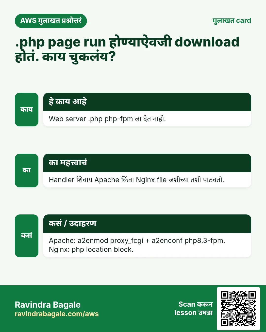 मुलाखत card: .php page run होण्याऐवजी download होतं. काय चुकलंय?. Web server .php php-fpm ला देत नाही. Handler शिवाय Apache किंवा Nginx file जशीच्या तशी पाठवतो. Apache: a2enmod proxy_fcgi + a2enconf php8.3-fpm. Nginx: php location block.
