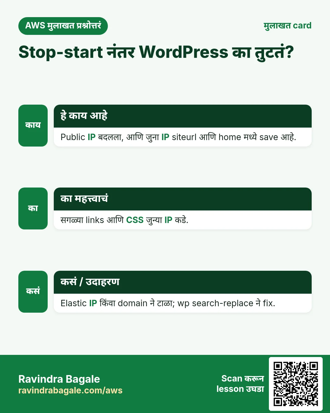 मुलाखत card: EC2 public IP बदलल्यावर WordPress का तुटतं?. WordPress database मध्ये जुन्या IP सोबत site URL save करतं. Links आणि CSS अजूनही जुन्या IP कडे. सुरुवातीपासून Elastic IP किंवा domain वापरा.