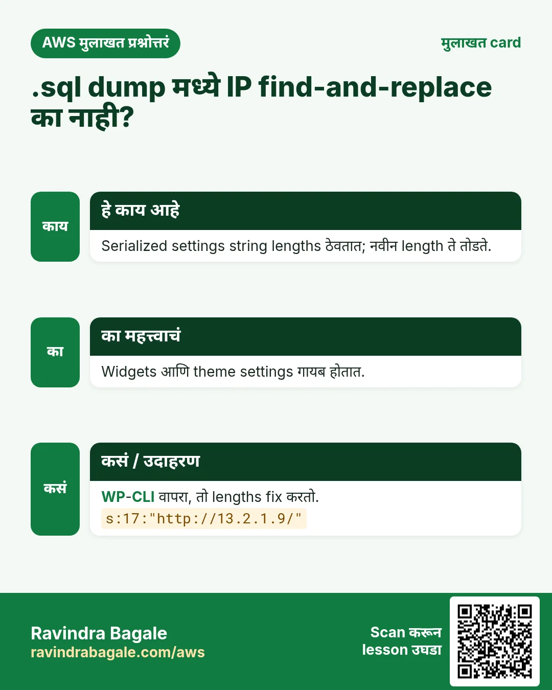 मुलाखत card: .sql dump मध्ये IP find-and-replace का नाही?. Serialized settings string lengths ठेवतात; नवीन length ते तोडते. Widgets आणि theme settings गायब होतात. WP-CLI वापरा, तो lengths fix करतो.