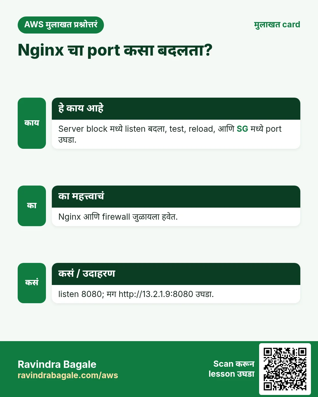 मुलाखत card: Nginx चा port कसा बदलता?. Server block मध्ये listen बदला, test, reload, आणि SG मध्ये port उघडा. Nginx आणि firewall जुळायला हवेत. listen 8080; मग http://13.2.1.9:8080 उघडा.