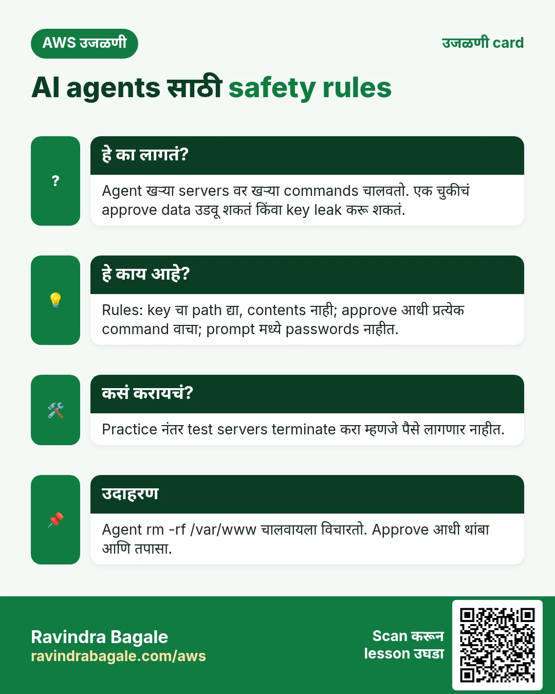 उजळणी card: AI agents साठी safety rules. Agent खऱ्या servers वर खऱ्या commands चालवतो. एक चुकीचं approve data उडवू शकतं किंवा key leak करू शकतं. Rules: key चा path द्या, contents नाही; approve आधी प्रत्येक command वाचा; prompt मध्ये passwords नाहीत. Practice नंतर test servers terminate करा म्हणजे पैसे लागणार नाहीत. Agent rm -rf /var/www चालवायला विचारतो. Approve आधी थांबा आणि तपासा.