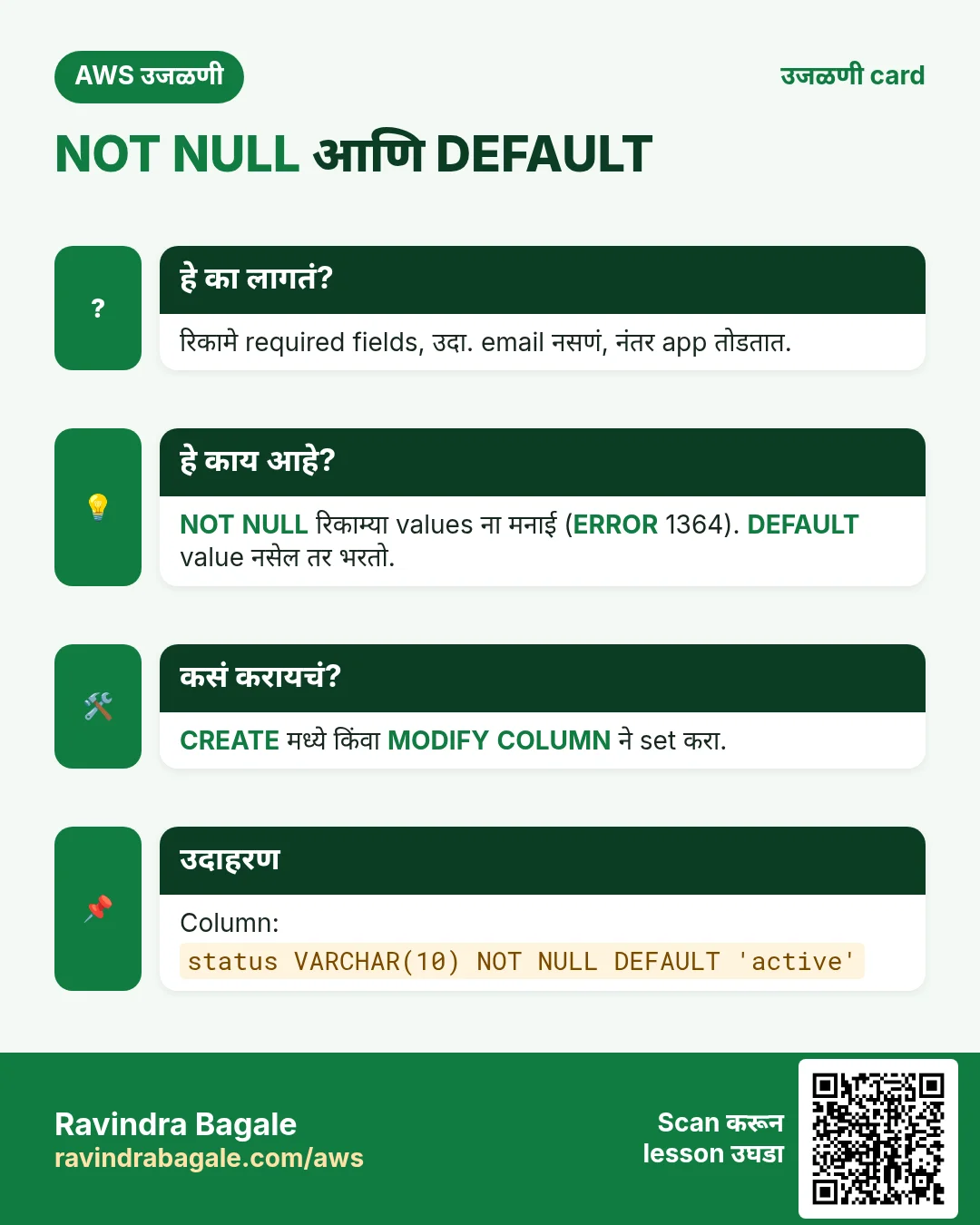 उजळणी card: NOT NULL आणि DEFAULT. रिकामे required fields, उदा. email नसणं, नंतर app तोडतात. NOT NULL रिकाम्या values ना मनाई (ERROR 1364). DEFAULT value नसेल तर भरतो. CREATE मध्ये किंवा MODIFY COLUMN ने set करा. Column: