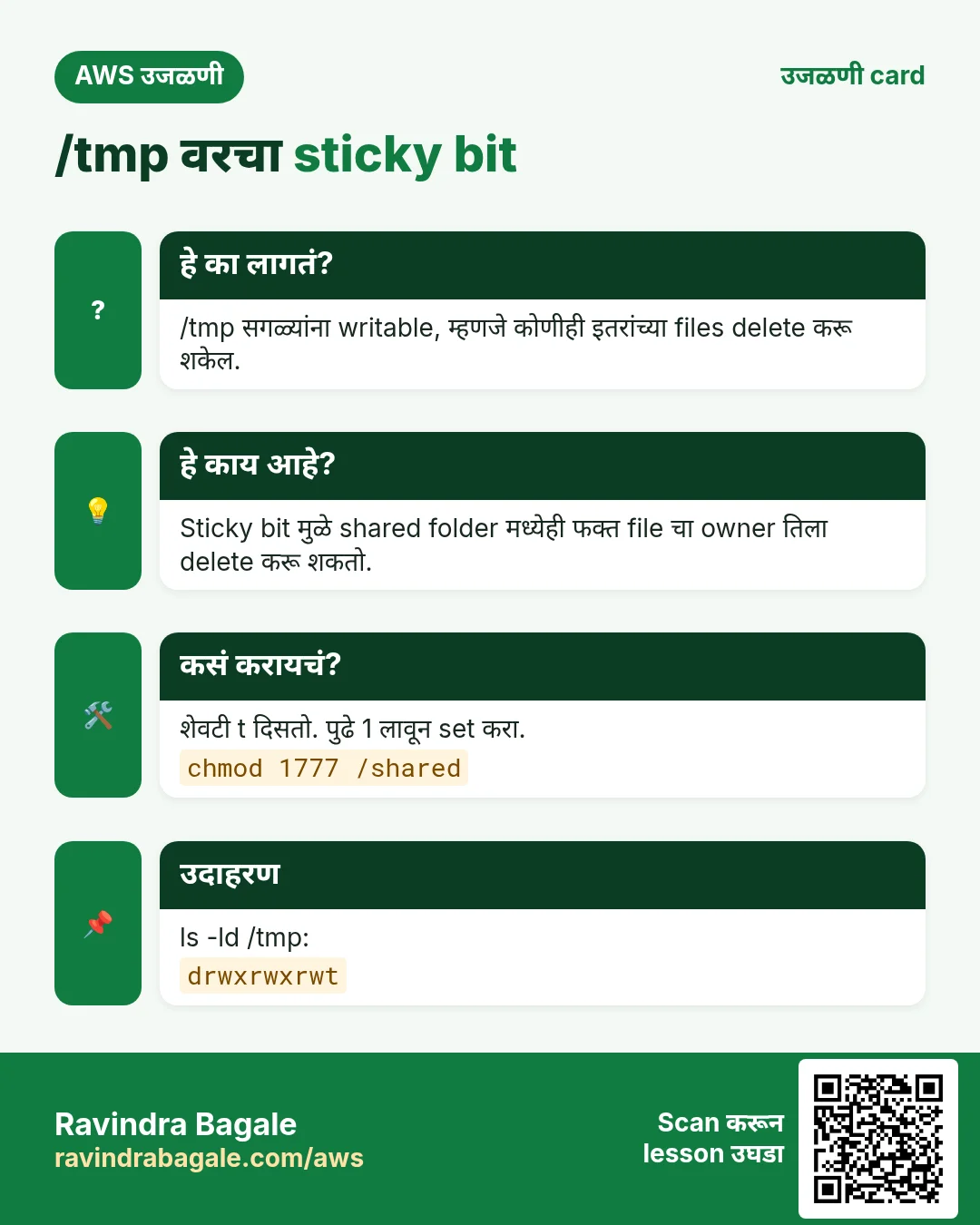 उजळणी card: Sticky sessions. Round robin login केलेल्या user ला दुसऱ्या server कडे पाठवू शकतो जिथे login माहीत नाही. Sticky sessions cookie वापरतात म्हणजे तोच user त्याच server कडे जातो. Target group › Attributes › Stickiness › On, duration सोबत. Cookie AWSALB user Asha ला 1 day server 2 वर ठेवतो.