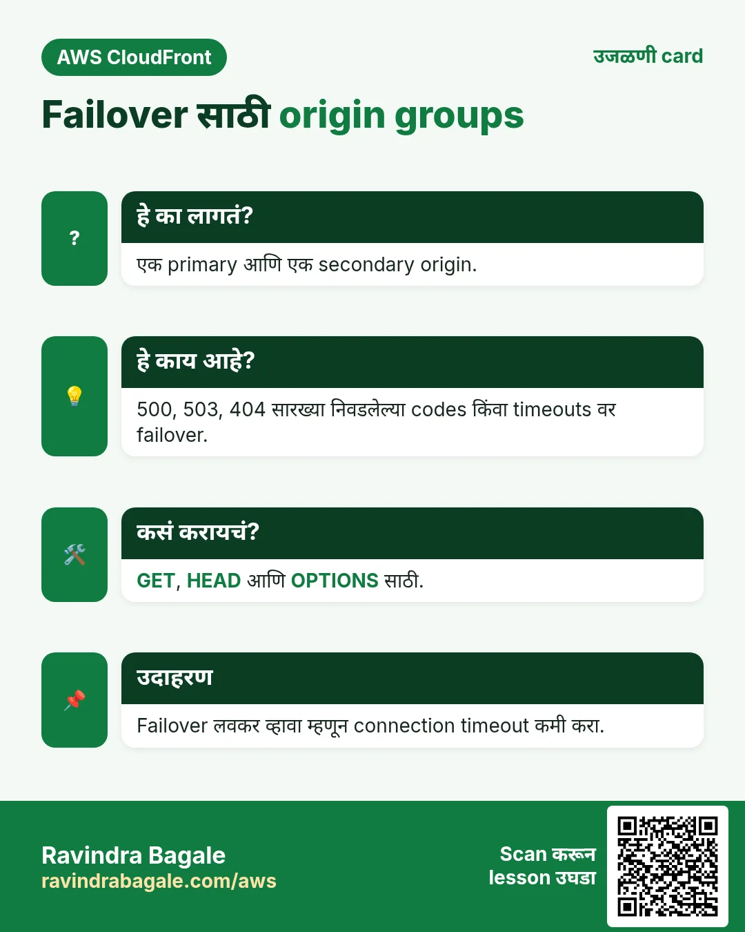 उजळणी card: Failover साठी origin groups. एक primary आणि एक secondary origin. 500, 503, 404 सारख्या निवडलेल्या codes किंवा timeouts वर failover. GET, HEAD आणि OPTIONS साठी. Failover लवकर व्हावा म्हणून connection timeout कमी करा.