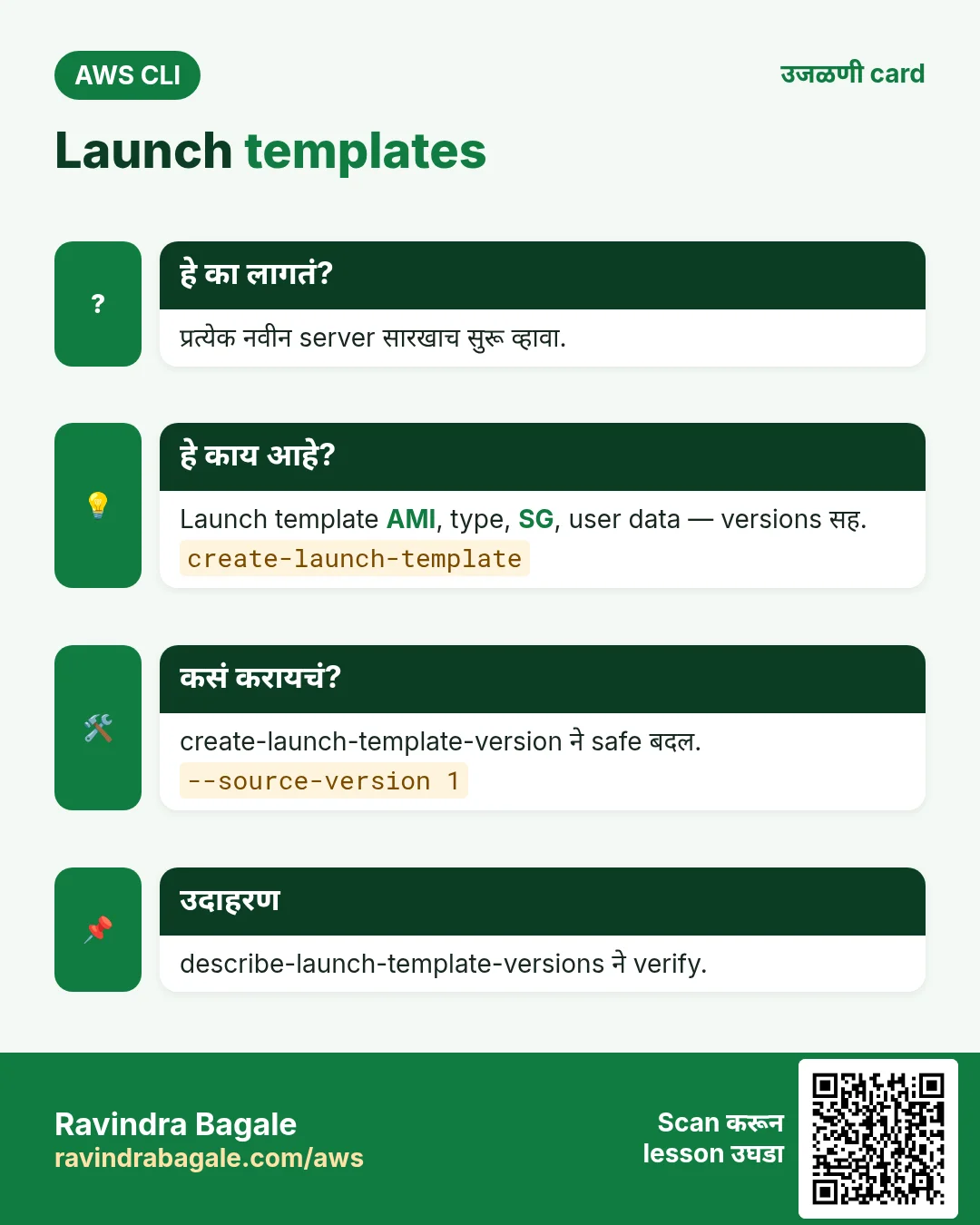 Launch templates. प्रत्येक नवीन server सारखाच सुरू व्हावा. Launch template AMI, type, SG, user data — versions सह. create-launch-template-version ने safe बदल. describe-launch-template-versions ने verify.