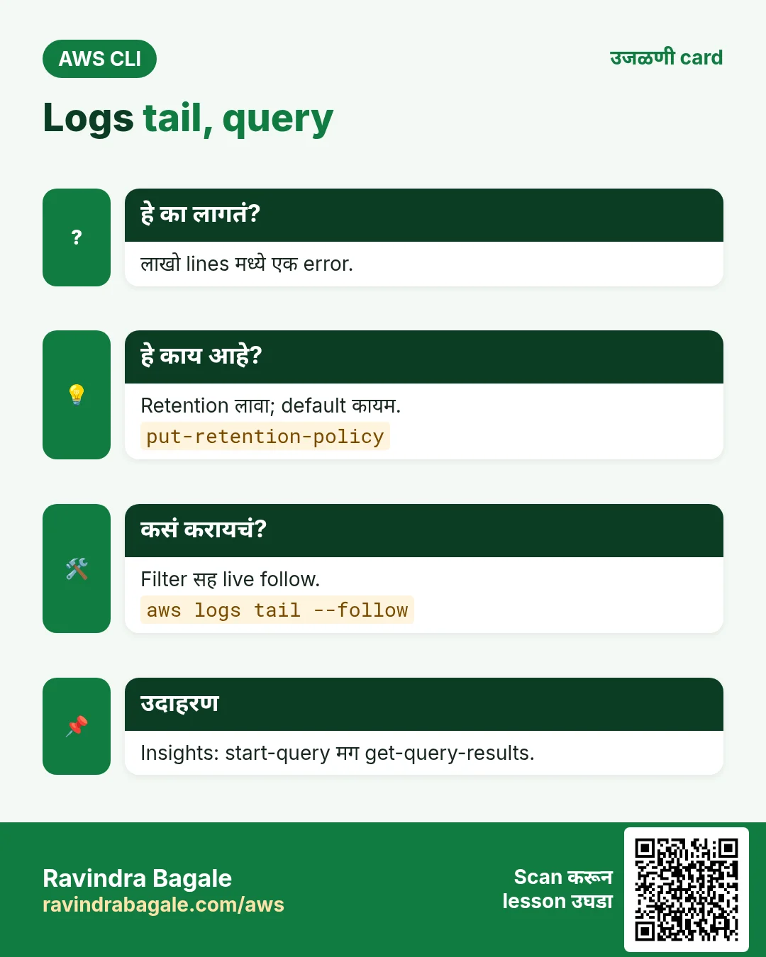 Logs tail, query. लाखो lines मध्ये एक error. Retention लावा; default कायम. Filter सह live follow. Insights: start-query मग get-query-results.
