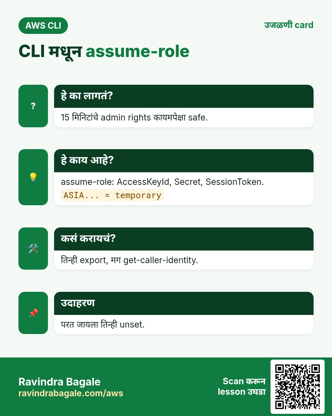 CLI मधून assume-role. 15 मिनिटांचे admin rights कायमपेक्षा safe. assume-role: AccessKeyId, Secret, SessionToken. तिन्ही export, मग get-caller-identity. परत जायला तिन्ही unset.