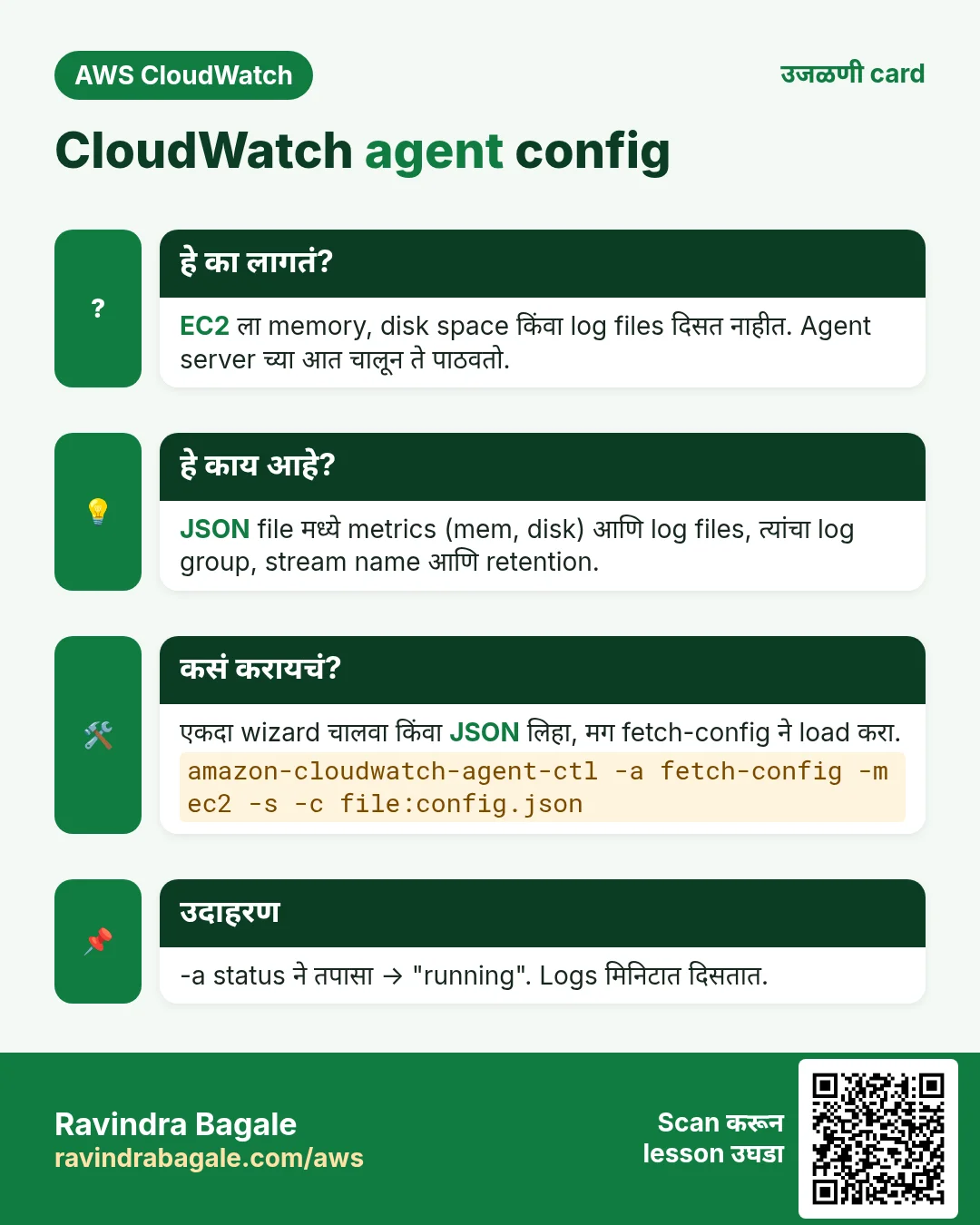 उजळणी card: CloudWatch agent config. EC2 ला memory, disk space किंवा log files दिसत नाहीत. Agent server च्या आत चालून ते पाठवतो. JSON file मध्ये metrics (mem, disk) आणि log files, त्यांचा log group, stream name आणि retention. एकदा wizard चालवा किंवा JSON लिहा, मग fetch-config ने load करा. -a status ने तपासा → "running". Logs मिनिटात दिसतात.