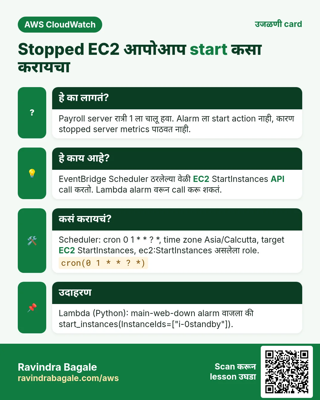 उजळणी card: Stopped EC2 आपोआप start कसा करायचा. Payroll server रात्री 1 ला चालू हवा. Alarm ला start action नाही, कारण stopped server metrics पाठवत नाही. EventBridge Scheduler ठरलेल्या वेळी EC2 StartInstances API call करतो. Lambda alarm वरून call करू शकतं. Scheduler: cron 0 1 * * ? *, time zone Asia/Calcutta, target EC2 StartInstances, ec2:StartInstances असलेला role. Lambda (Python): main-web-down alarm वाजला की start_instances(InstanceIds=["i-0standby"]).