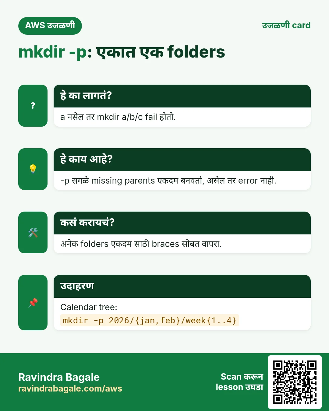 उजळणी card: mkdir -p: एकात एक folders. a नसेल तर mkdir a/b/c fail होतो. -p सगळे missing parents एकदम बनवतो, असेल तर error नाही. अनेक folders एकदम साठी braces सोबत वापरा. Calendar tree: