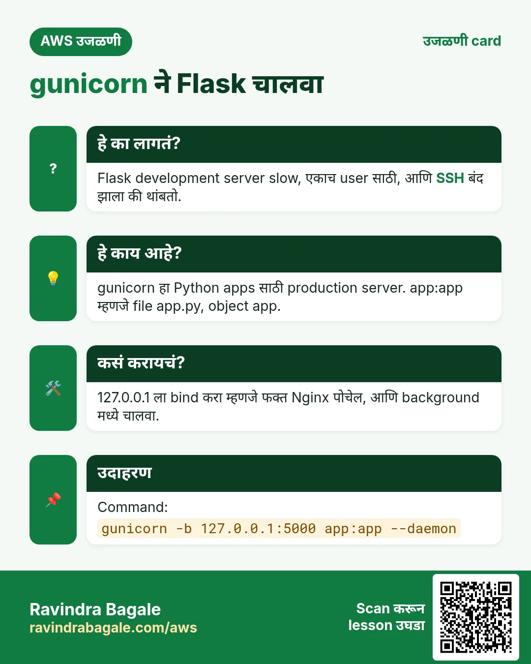 उजळणी card: gunicorn ने Flask चालवा. Flask development server slow, एकाच user साठी, आणि SSH बंद झाला की थांबतो. gunicorn हा Python apps साठी production server. app:app म्हणजे file app.py, object app. 127.0.0.1 ला bind करा म्हणजे फक्त Nginx पोचेल, आणि background मध्ये चालवा. Command: