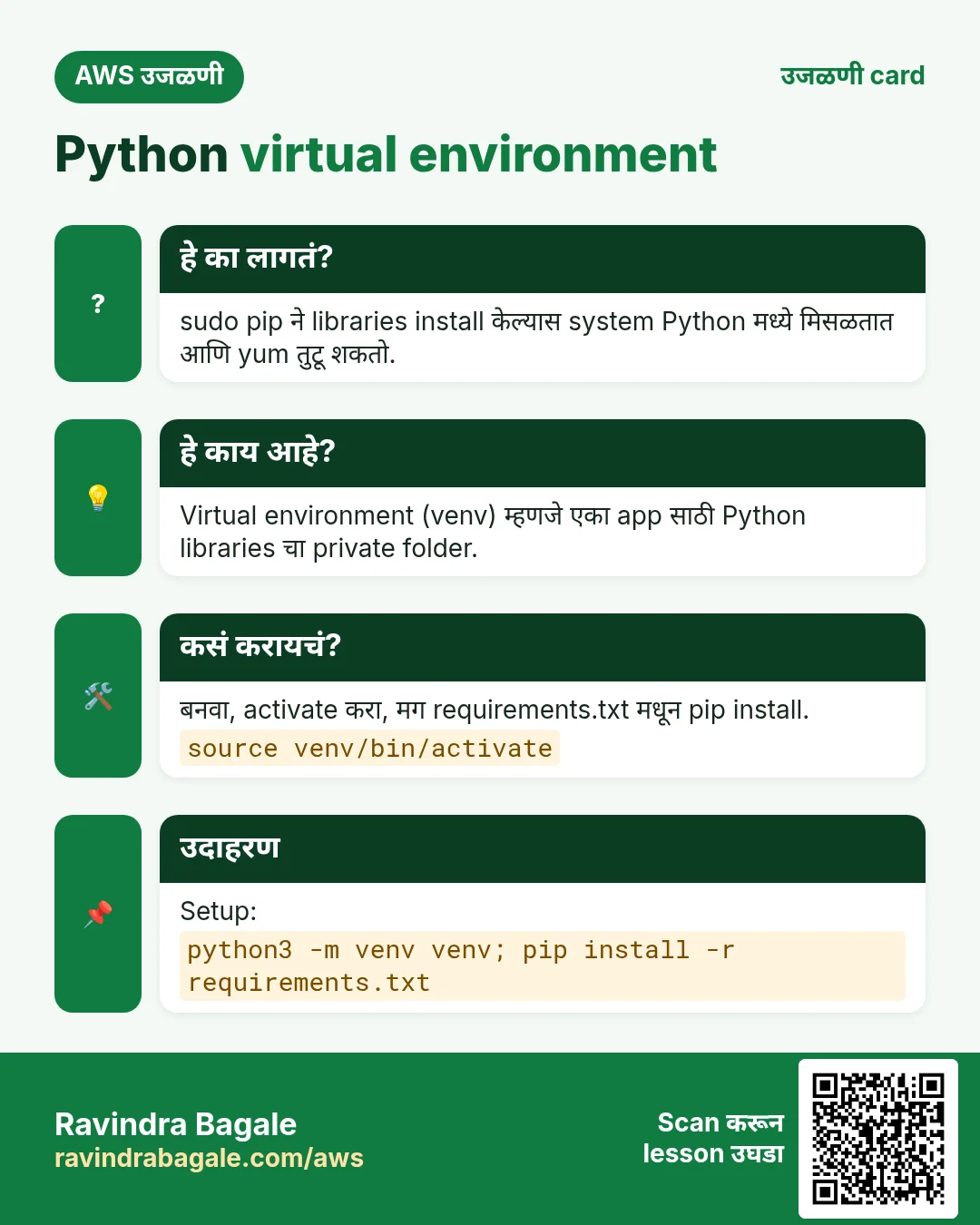 उजळणी card: Python virtual environment. sudo pip ने libraries install केल्यास system Python मध्ये मिसळतात आणि yum तुटू शकतो. Virtual environment (venv) म्हणजे एका app साठी Python libraries चा private folder. बनवा, activate करा, मग requirements.txt मधून pip install. Setup: