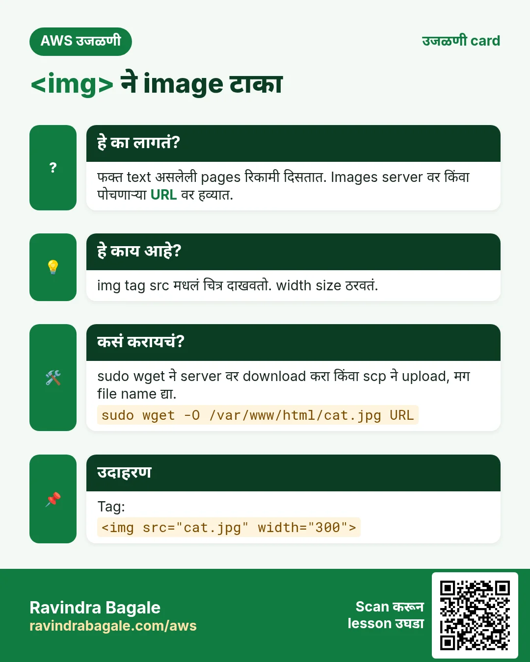उजळणी card: <img> ने image टाका. फक्त text असलेली pages रिकामी दिसतात. Images server वर किंवा पोचणाऱ्या URL वर हव्यात. img tag src मधलं चित्र दाखवतो. width size ठरवतं. sudo wget ने server वर download करा किंवा scp ने upload, मग file name द्या. Tag: