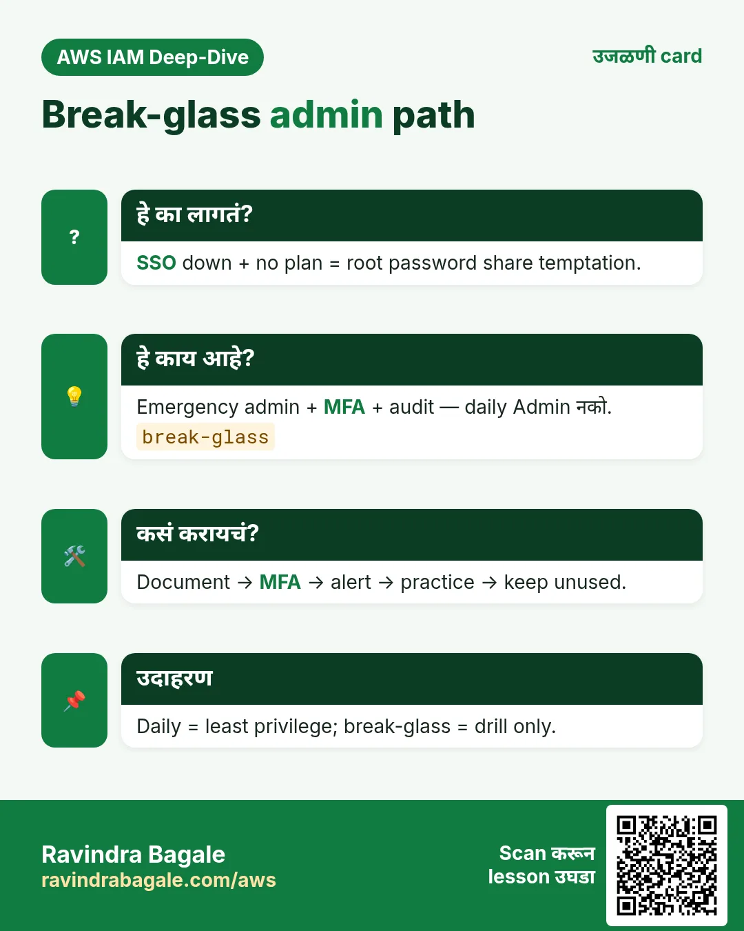 उजळणी card: Break-glass admin path. SSO down + no plan = root password share temptation. Emergency admin + MFA + audit — daily Admin नको. Document → MFA → alert → practice → keep unused. Daily = least privilege; break-glass = drill only.