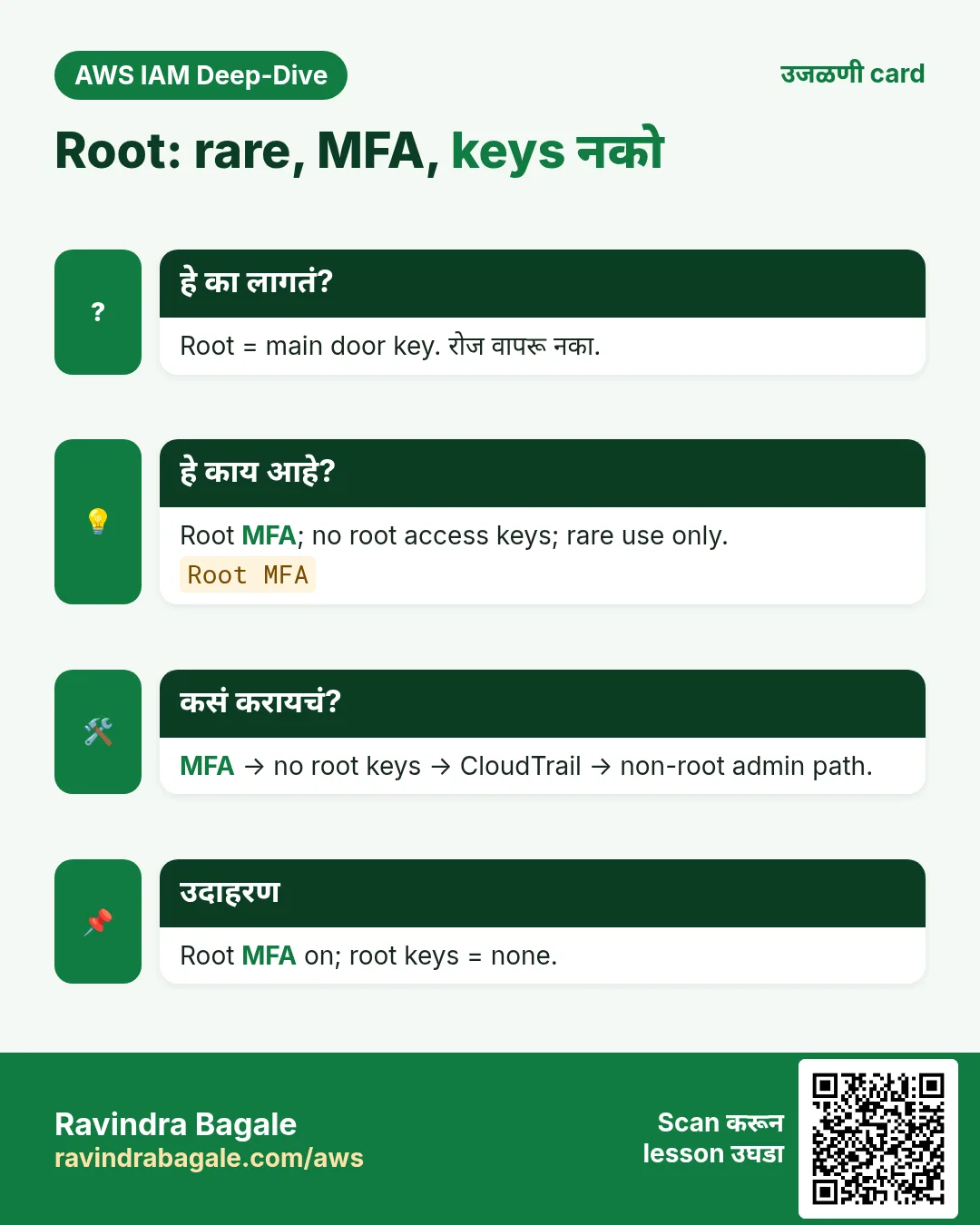उजळणी card: Root: rare, MFA, keys नको. Root = main door key. रोज वापरू नका. Root MFA; no root access keys; rare use only. MFA → no root keys → CloudTrail → non-root admin path. Root MFA on; root keys = none.
