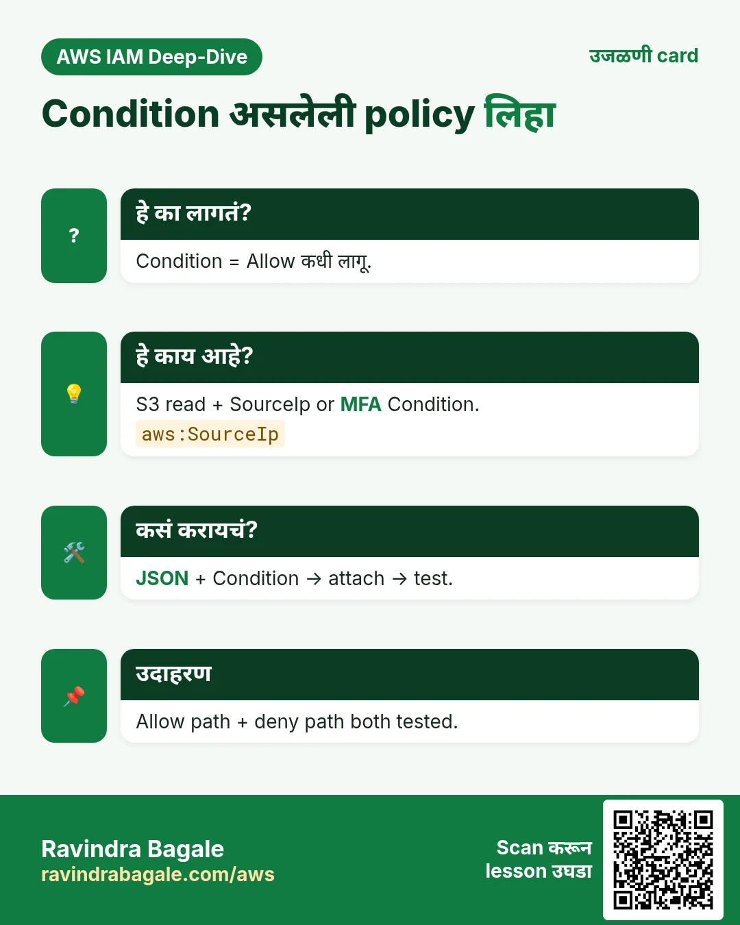 उजळणी card: Condition असलेली policy लिहा. Condition = Allow कधी लागू. S3 read + SourceIp or MFA Condition. JSON + Condition → attach → test. Allow path + deny path both tested.