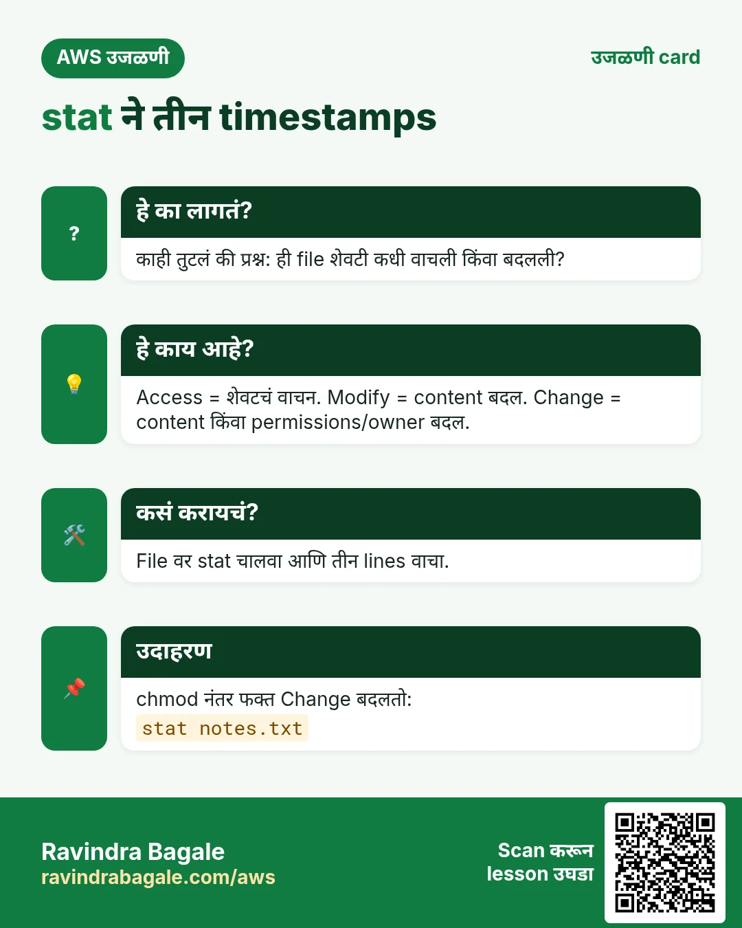 उजळणी card: stat ने तीन timestamps. काही तुटलं की प्रश्न: ही file शेवटी कधी वाचली किंवा बदलली? Access = शेवटचं वाचन. Modify = content बदल. Change = content किंवा permissions/owner बदल. File वर stat चालवा आणि तीन lines वाचा. chmod नंतर फक्त Change बदलतो: