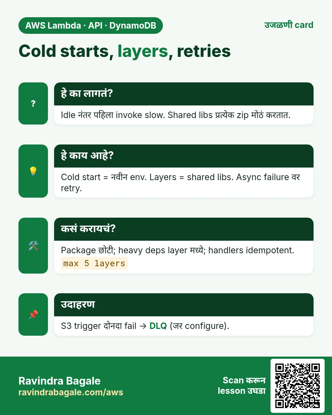 उजळणी card: Cold starts, layers, retries. Idle नंतर पहिला invoke slow. Shared libs प्रत्येक zip मोठं करतात. Cold start = नवीन env. Layers = shared libs. Async failure वर retry. Package छोटी; heavy deps layer मध्ये; handlers idempotent. S3 trigger दोनदा fail → DLQ (जर configure).