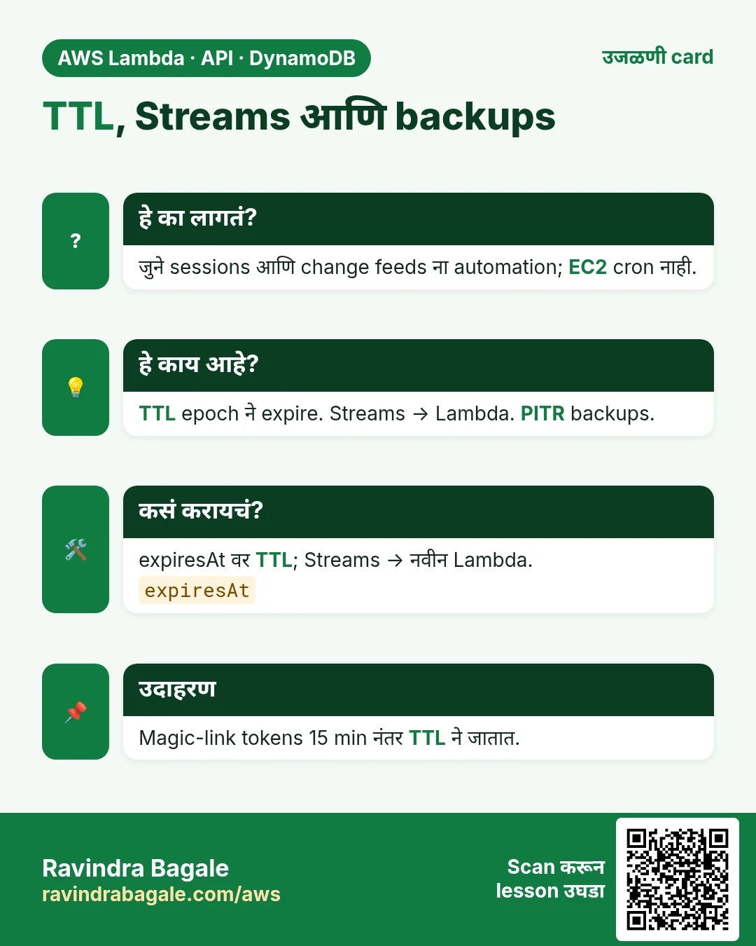 उजळणी card: TTL, Streams आणि backups. जुने sessions आणि change feeds ना automation; EC2 cron नाही. TTL epoch ने expire. Streams → Lambda. PITR backups. expiresAt वर TTL; Streams → नवीन Lambda. Magic-link tokens 15 min नंतर TTL ने जातात.