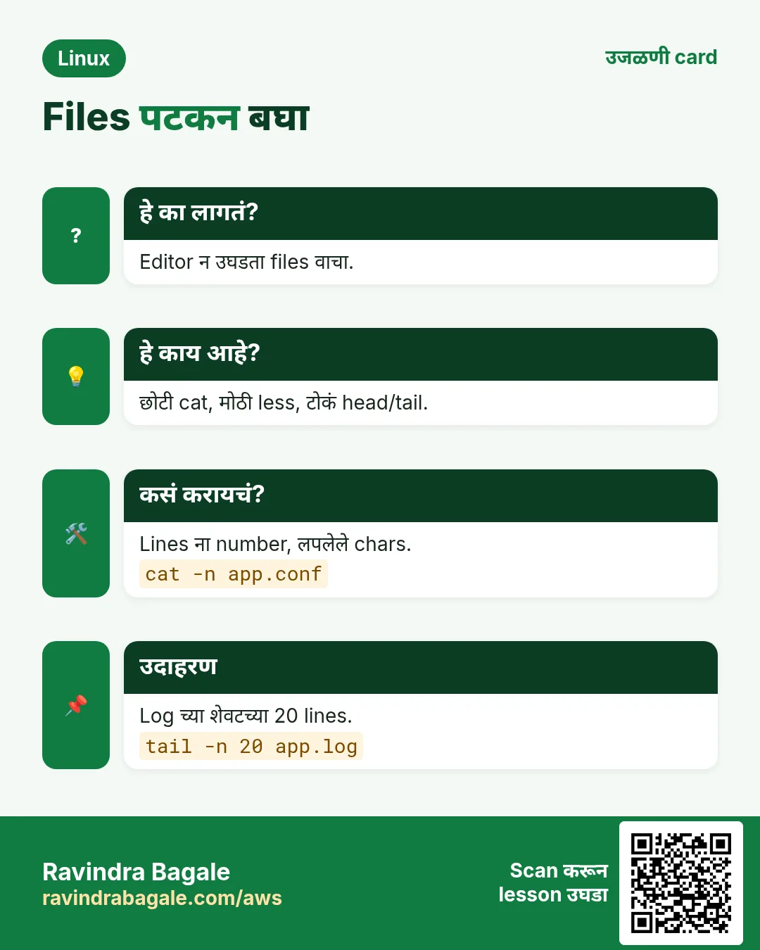 Files पटकन बघा. Editor न उघडता files वाचा. छोटी cat, मोठी less, टोकं head/tail. Lines ना number, लपलेले chars. Log च्या शेवटच्या 20 lines.