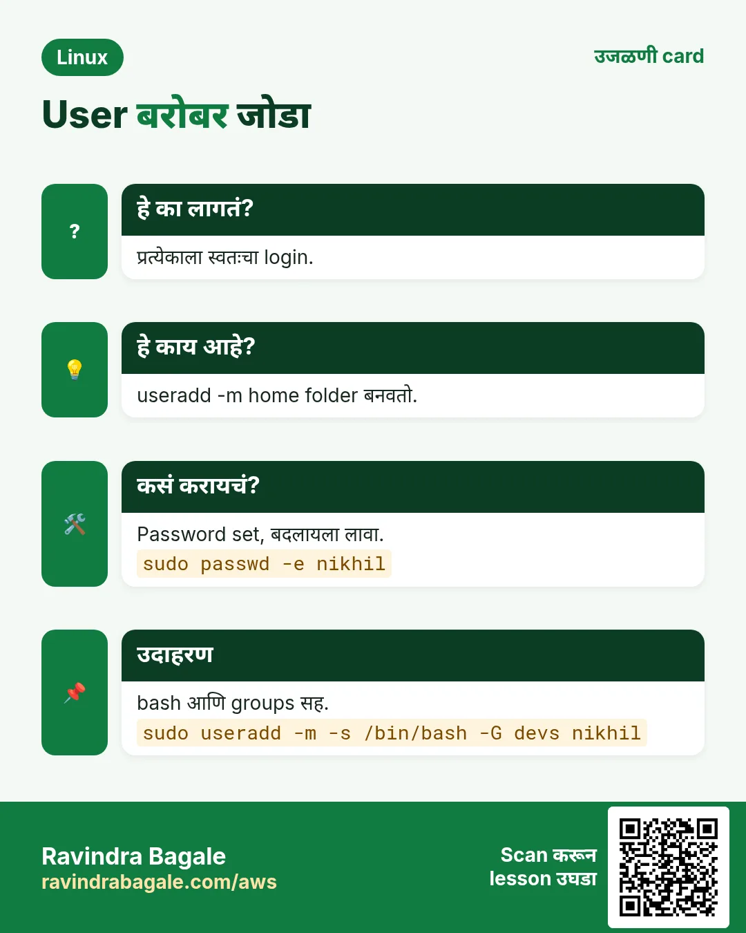 User बरोबर जोडा. प्रत्येकाला स्वतःचा login. useradd -m home folder बनवतो. Password set, बदलायला लावा. bash आणि groups सह.