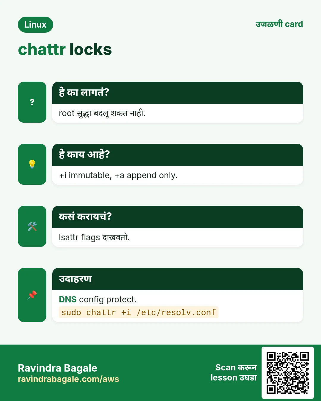chattr locks. root सुद्धा बदलू शकत नाही. +i immutable, +a append only. lsattr flags दाखवतो. DNS config protect.