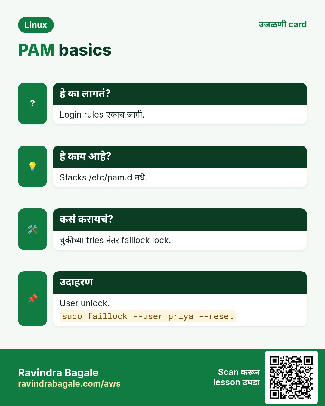 PAM basics. Login rules एकाच जागी. Stacks /etc/pam.d मधे. चुकीच्या tries नंतर faillock lock. User unlock.