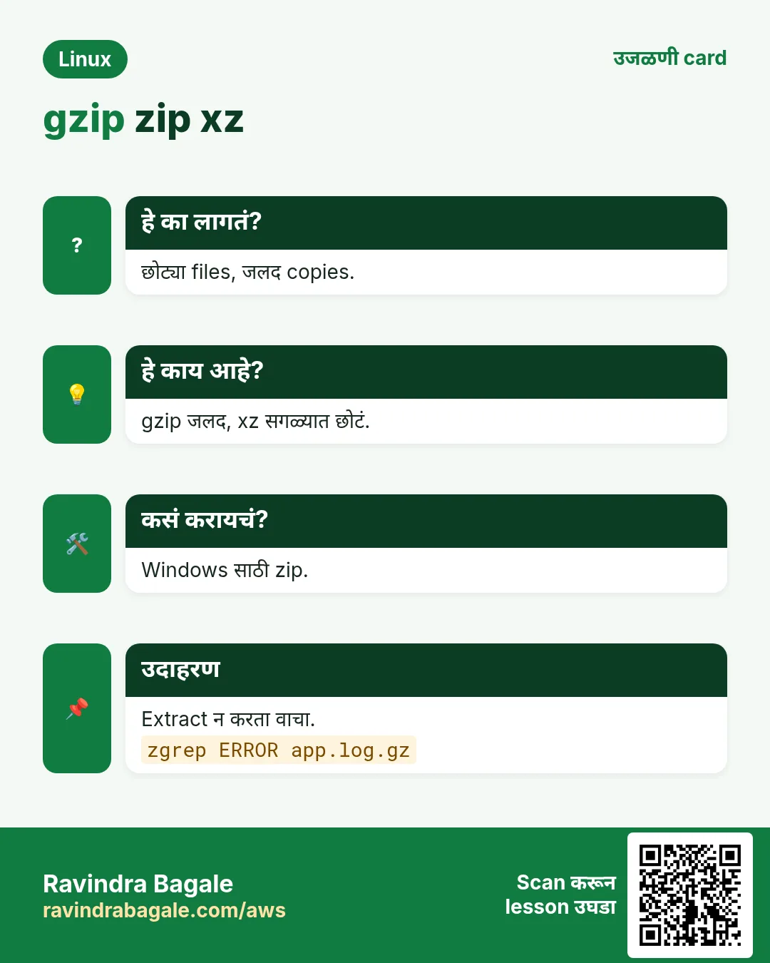 gzip zip xz. छोट्या files, जलद copies. gzip जलद, xz सगळ्यात छोटं. Windows साठी zip. Extract न करता वाचा.
