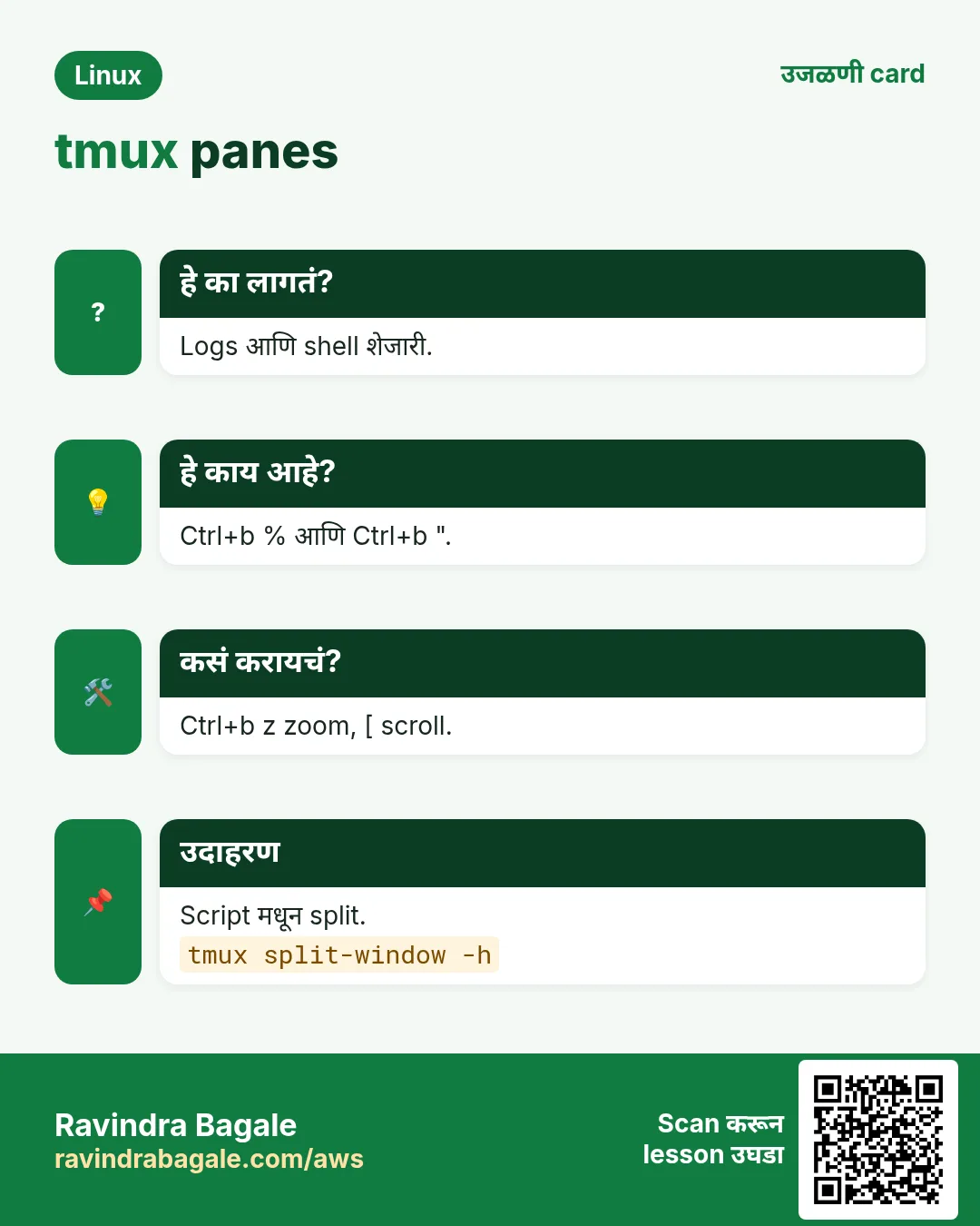 tmux panes. Logs आणि shell शेजारी. Ctrl+b % आणि Ctrl+b ". Ctrl+b z zoom, [ scroll. Script मधून split.