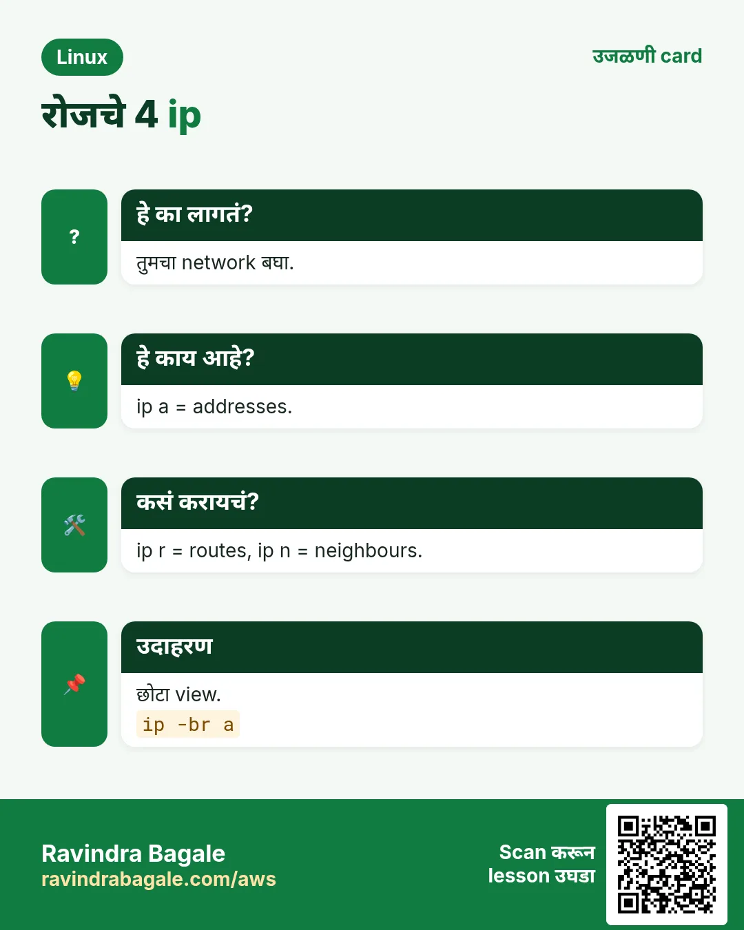 रोजचे 4 ip. तुमचा network बघा. ip a = addresses. ip r = routes, ip n = neighbours. छोटा view.