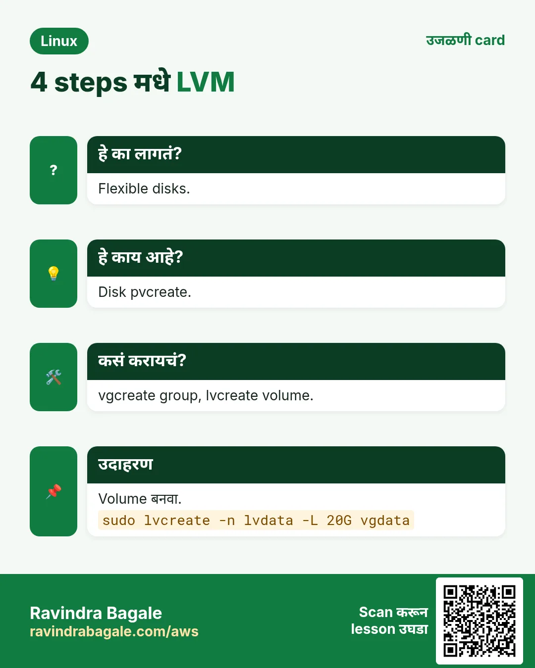 4 steps मधे LVM. Flexible disks. Disk pvcreate. vgcreate group, lvcreate volume. Volume बनवा.