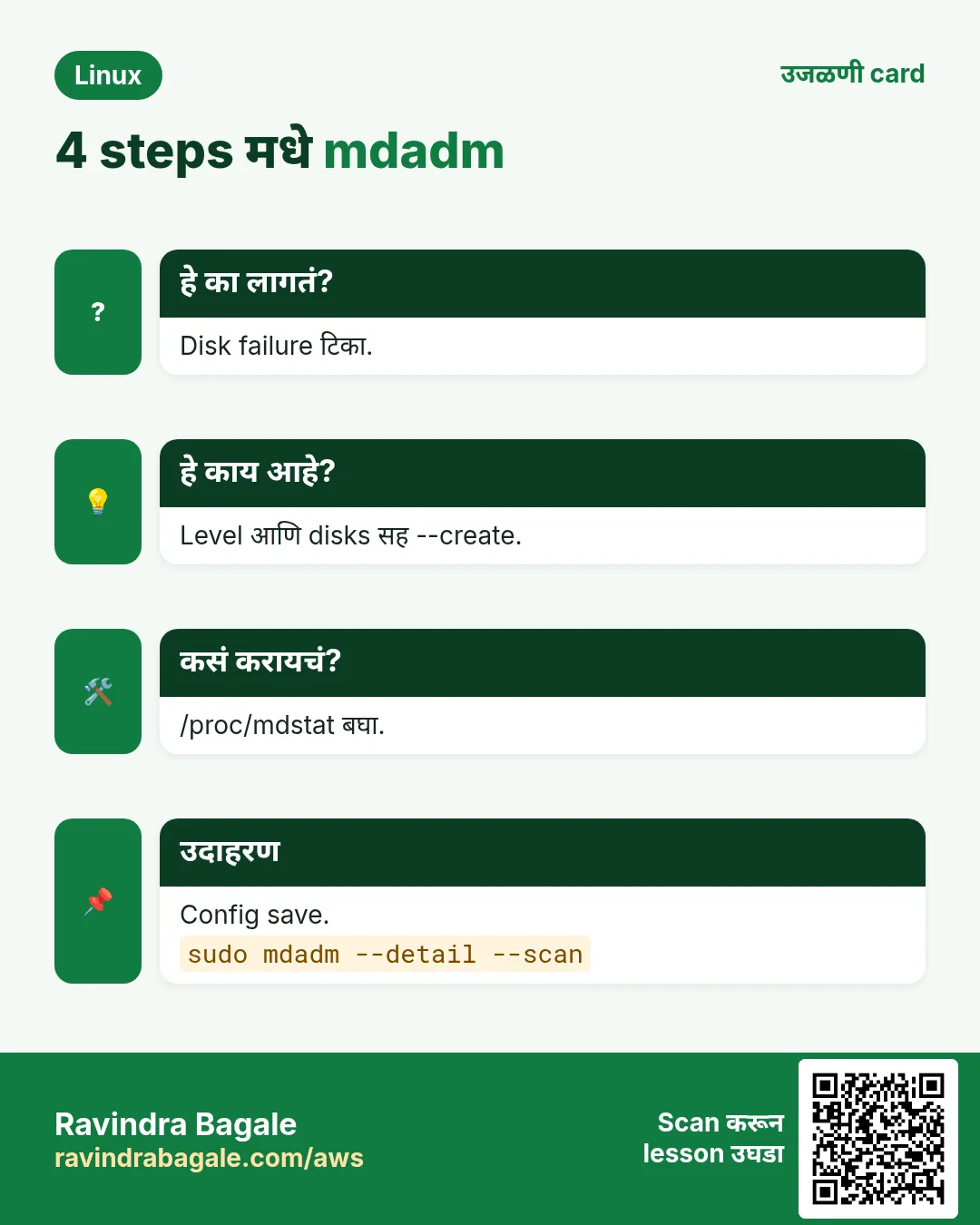 4 steps मधे mdadm. Disk failure टिका. Level आणि disks सह --create. /proc/mdstat बघा. Config save.