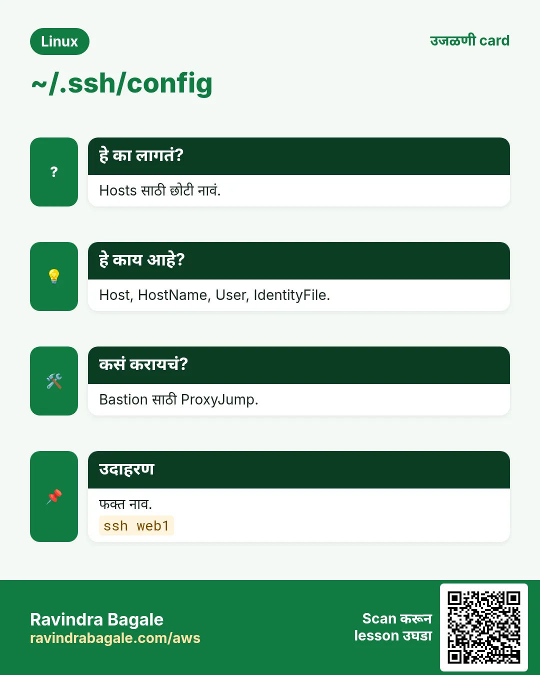 ~/.ssh/config. Hosts साठी छोटी नावं. Host, HostName, User, IdentityFile. Bastion साठी ProxyJump. फक्त नाव.