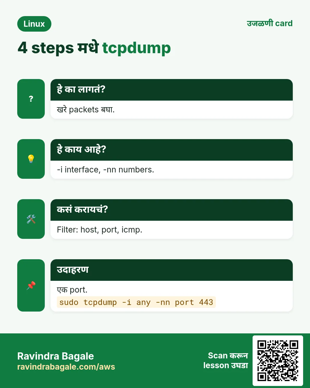 4 steps मधे tcpdump. खरे packets बघा. -i interface, -nn numbers. Filter: host, port, icmp. एक port.