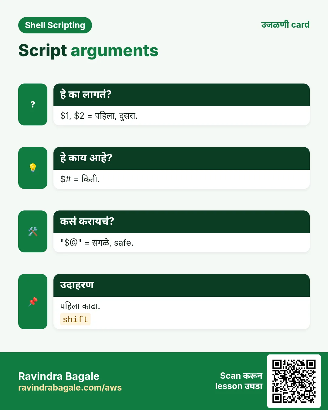 Script arguments. $1, $2 = पहिला, दुसरा. $# = किती. "$@" = सगळे, safe. पहिला काढा.