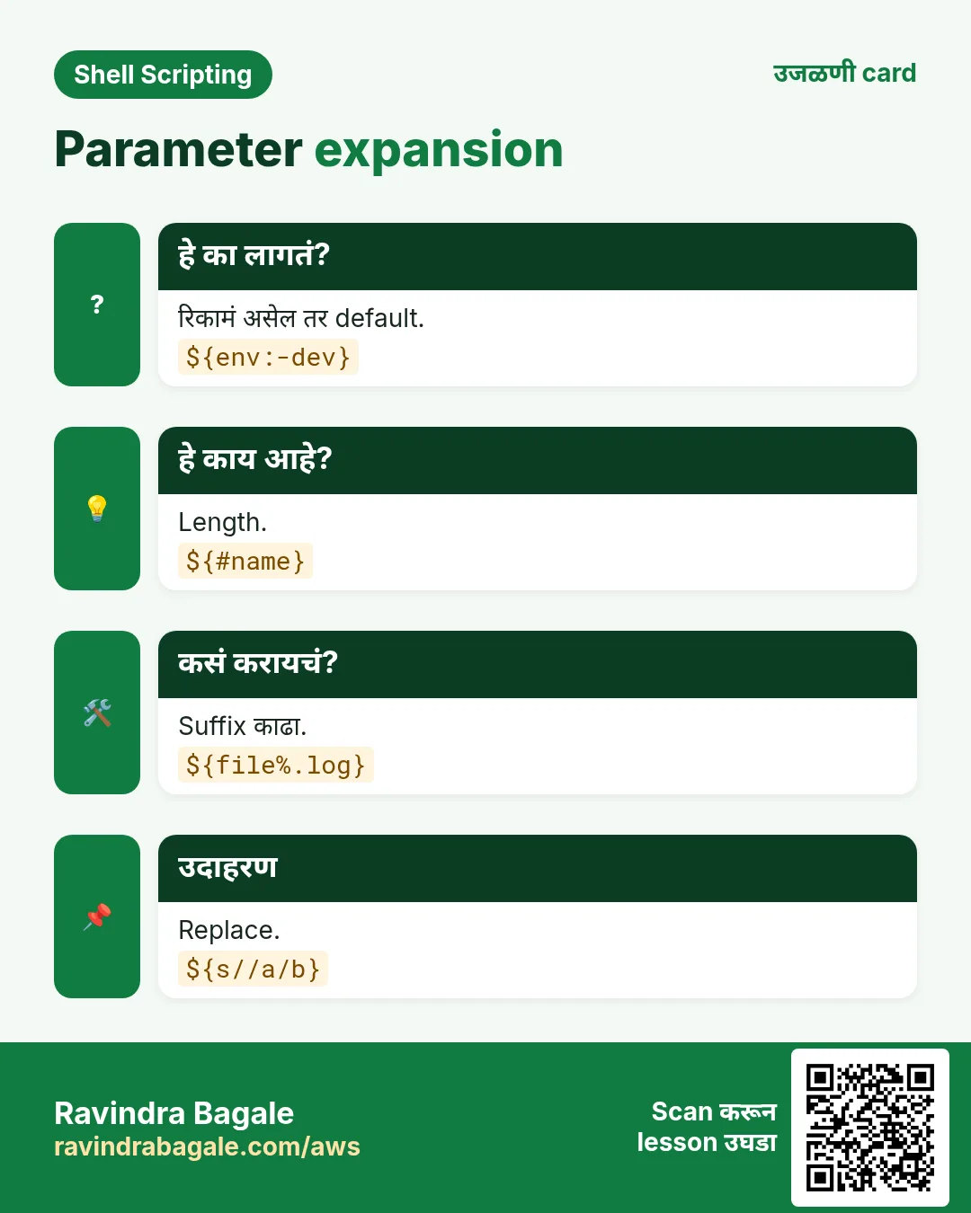 Parameter expansion. रिकामं असेल तर default. Length. Suffix काढा. Replace.