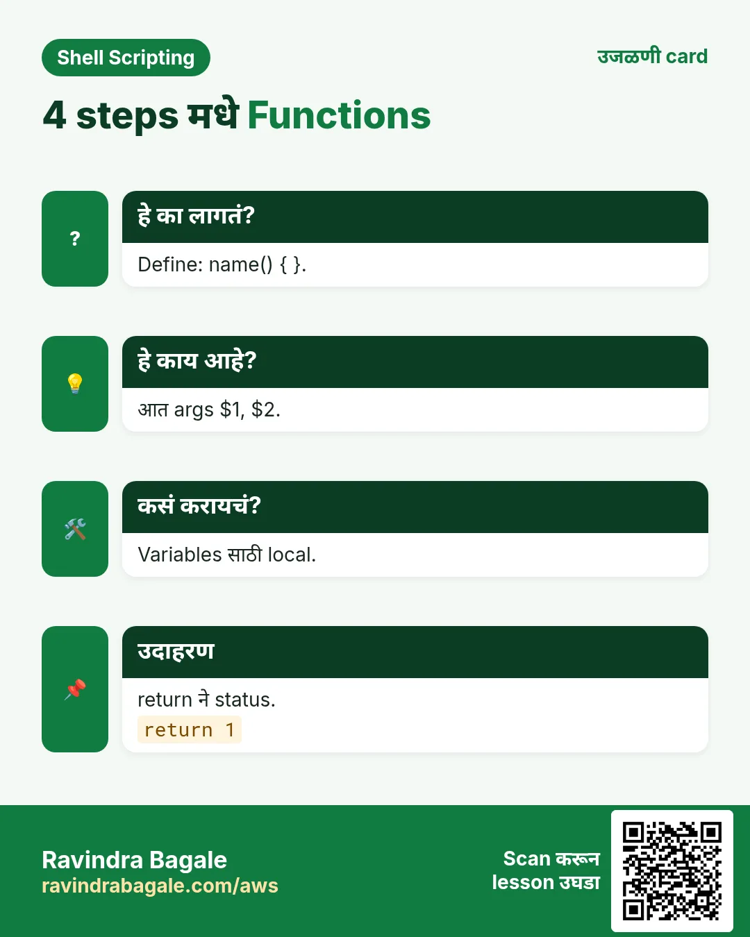 4 steps मधे Functions. Define: name() { }. आत args $1, $2. Variables साठी local. return ने status.