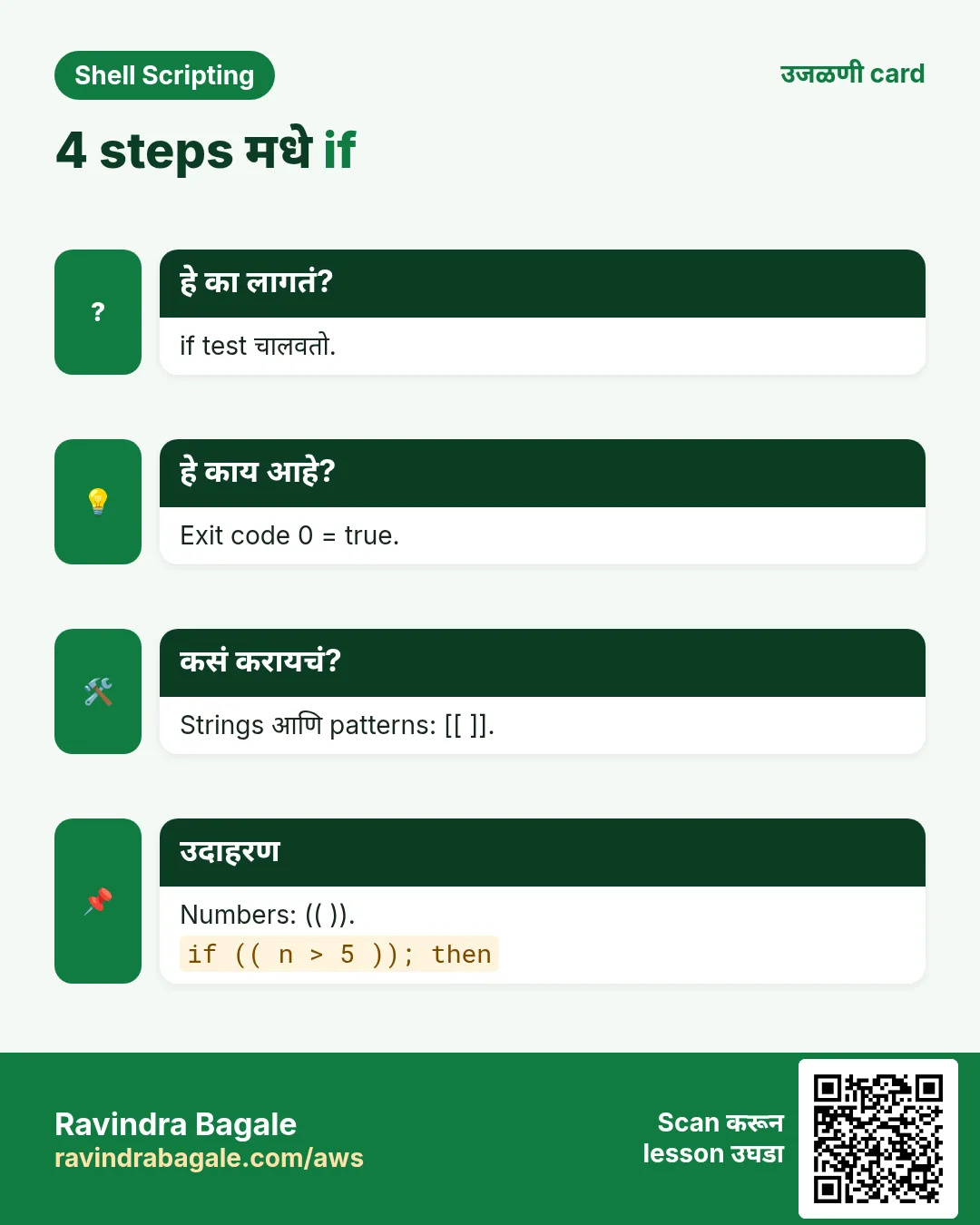 4 steps मधे if. if test चालवतो. Exit code 0 = true. Strings आणि patterns: [[ ]]. Numbers: (( )).