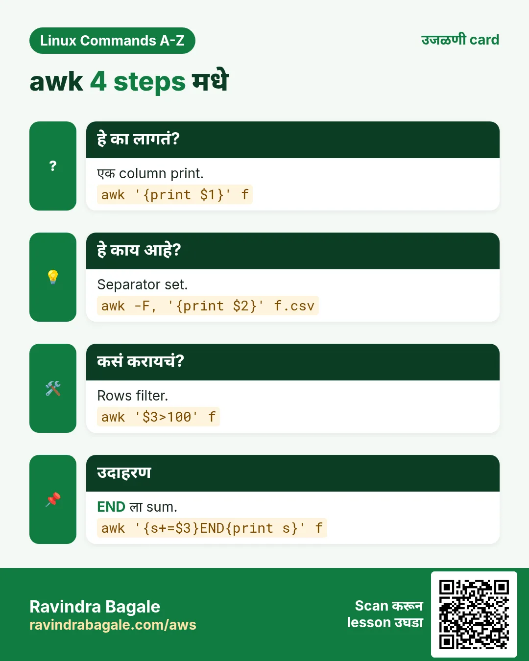 awk 4 steps मधे. एक column print. Separator set. Rows filter. END ला sum.