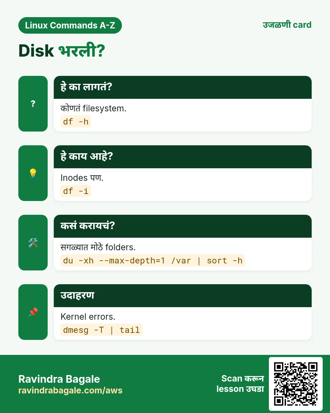 Disk भरली?. कोणतं filesystem. Inodes पण. सगळ्यात मोठे folders. Kernel errors.