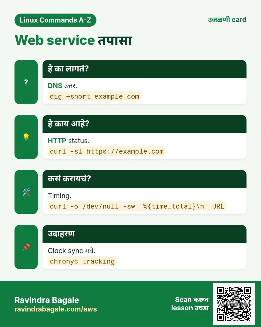 Web service तपासा. DNS उत्तर. HTTP status. Timing. Clock sync मधे.