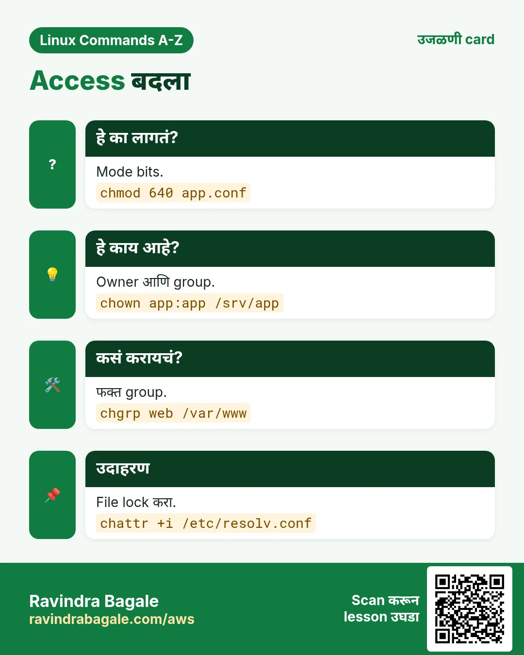 Access बदला. Mode bits. Owner आणि group. फक्त group. File lock करा.